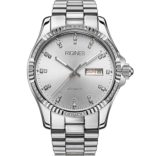 RIQINES Luxus Herren Vollautomatische Mechanische Uhr Edelstahl Wochenkalender Männer Nachtlicht Wasserdicht Mode Business Uhr 2062SZ, Weiss/opulenter Garten von RIQINES