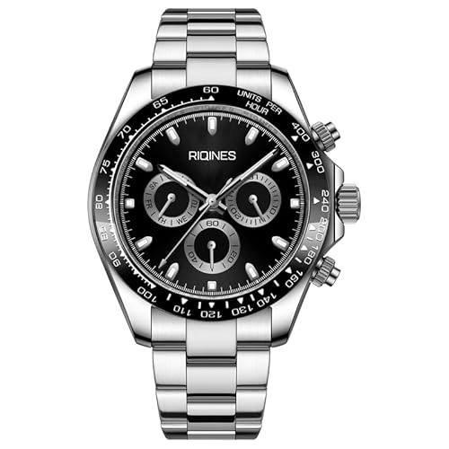 RIQINES Luxus Multifunktions Herren Vollautomatische mechanische Uhr mit großem Zifferblatt Edelstahl Wochenkalender Herren Nachtlicht Wasserdicht Mode Trend Uhr 9016, Schwarz von RIQINES