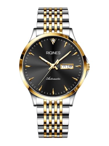 RIQINES Minimalistische Ultradünne Herren Vollautomatische Mechanische Uhr Edelstahl Wochenkalender Herren Wasserdicht Vielseitig Business Uhr 6609, Goldfarben / Schwarz von RIQINES