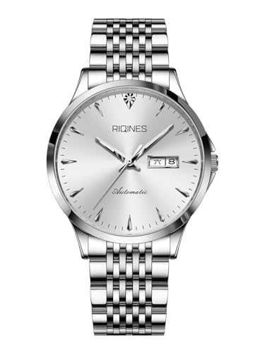 RIQINES Minimalistische Ultradünne Herren Vollautomatische Mechanische Uhr Edelstahl Wochenkalender Herren Wasserdicht Vielseitig Business Uhr 6609, Weiss/opulenter Garten von RIQINES