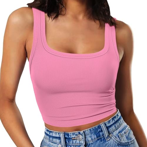 Damen Ärmelloses Tank Top Slim Fit Quadrat-Ausschnitt Geripptes Basic Oberteil M Rosa von RIROW