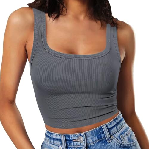 RIROW Damen Ärmelloses Tank Top Slim Fit Quadrat-Ausschnitt Geripptes Basic Oberteil M Dunkelgrau von RIROW