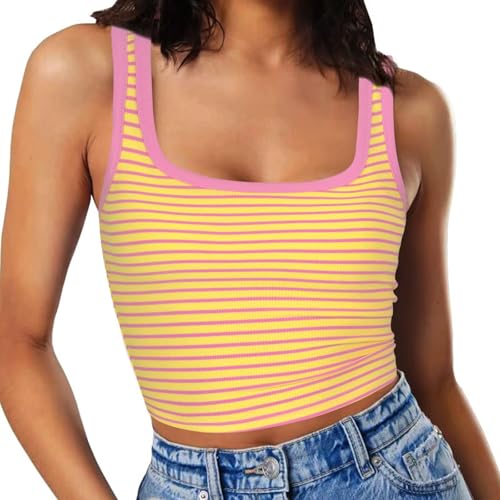 RIROW Damen Ärmelloses Tank Top Slim Fit Quadrat-Ausschnitt Geripptes Basic Oberteil M Gelb-Rosa Streifen RIROW Damen Ärmelloses Tank Top Slim Fit Quadrat-Ausschnitt Geripptes Basic Oberteil M Gelb-Rosa Streifen von RIROW
