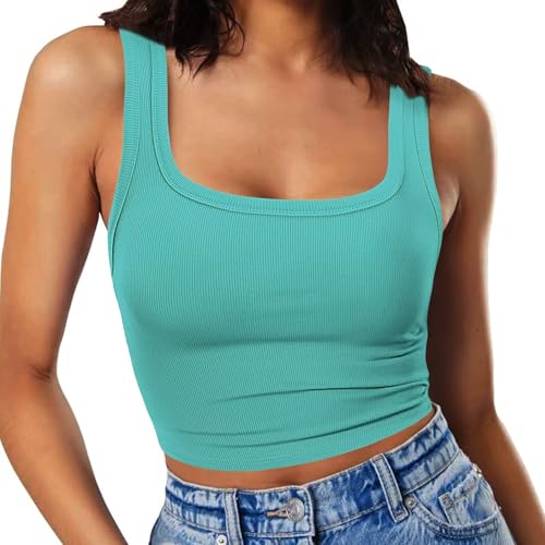 RIROW Damen Ärmelloses Tank Top Slim Fit Quadrat-Ausschnitt Geripptes Basic Oberteil M Hellblaugrün von RIROW