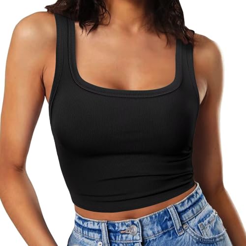 RIROW Damen Ärmelloses Tank Top Slim Fit Quadrat-Ausschnitt Geripptes Basic Oberteil M Schwarz von RIROW