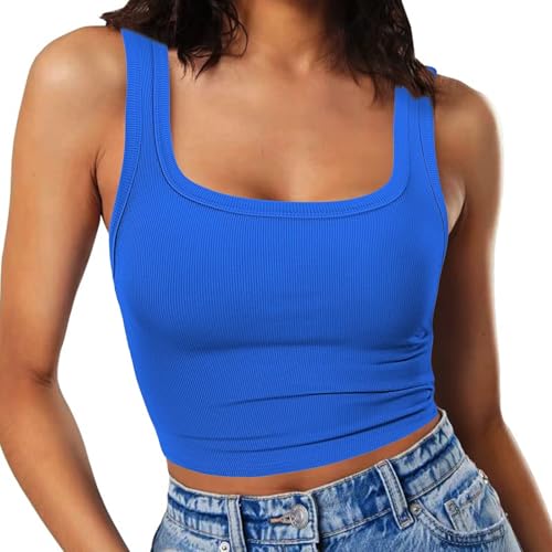 RIROW Damen Ärmelloses Tank Top Slim Fit Quadrat-Ausschnitt Geripptes Basic Oberteil S Klein Blau von RIROW