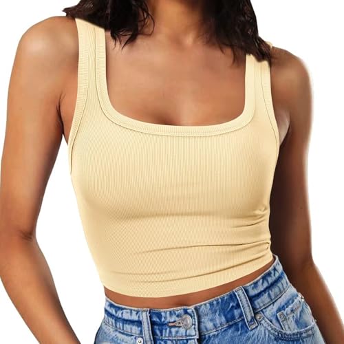 RIROW Damen Ärmelloses Tank Top Slim Fit Quadrat-Ausschnitt Geripptes Basic Oberteil XL Milchgelb von RIROW