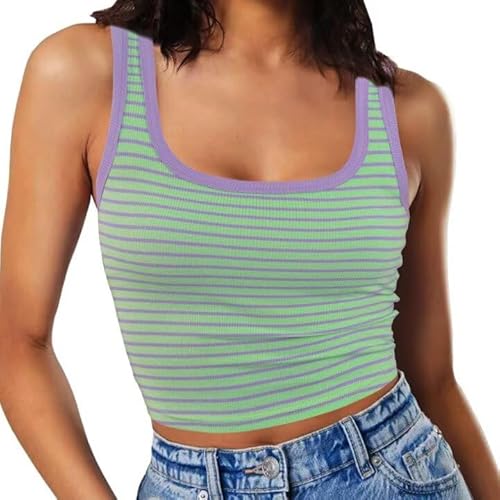 RIROW Damen Ärmelloses Tank Top Slim Fit Quadrat-Ausschnitt Geripptes Basic Oberteil XS Grün-Lila Gestreift von RIROW