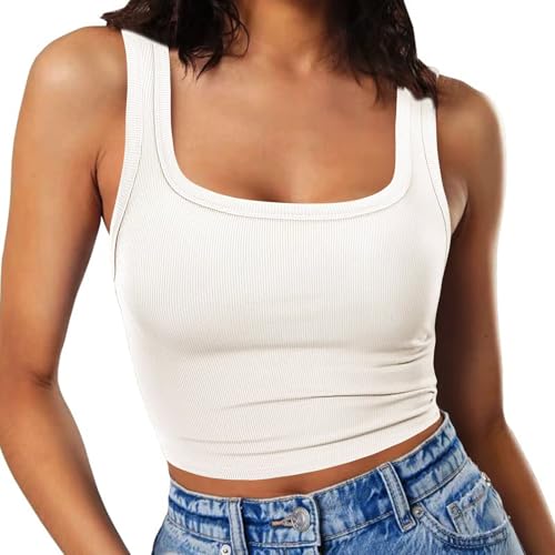 RIROW Damen Ärmelloses Tank Top Slim Fit Quadrat-Ausschnitt Geripptes Basic Oberteil XS Weiß RIROW Damen Ärmelloses Tank Top Slim Fit Quadrat-Ausschnitt Geripptes Basic Oberteil XS Weiß von RIROW