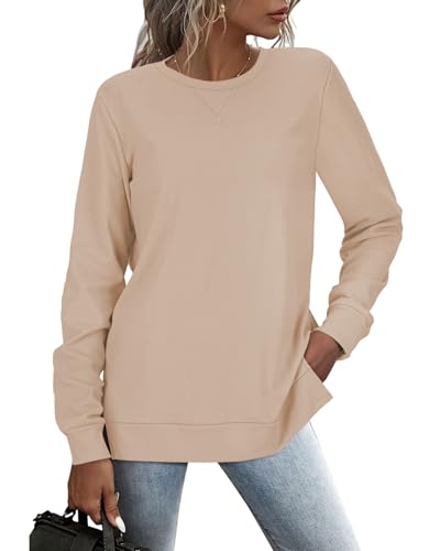 RIROW Damen Pullover Lässig Langarmshirt Elegant Herbst Winter Rundhals Sweatshirt Langarm Shirts Loose Slit Hem Oberteile Aprikose M von RIROW