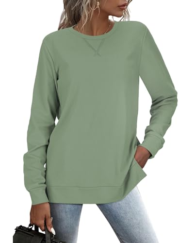 RIROW Damen Pullover Lässig Langarmshirt Elegant Herbst Winter Rundhals Sweatshirt Langarm Shirts Loose Slit Hem Oberteile Bohnengrün M von RIROW