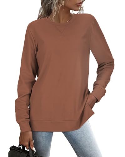 RIROW Damen Pullover Lässig Langarmshirt Elegant Herbst Winter Rundhals Sweatshirt Langarm Shirts Loose Slit Hem Oberteile Braun L von RIROW