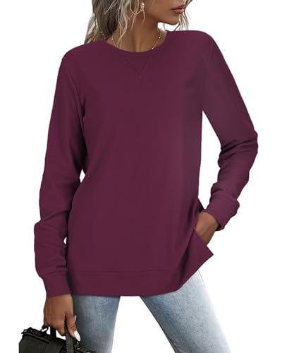 RIROW Damen Pullover Lässig Langarmshirt Elegant Herbst Winter Rundhals Sweatshirt Langarm Shirts Loose Slit Hem Oberteile Burgunderrot S von RIROW