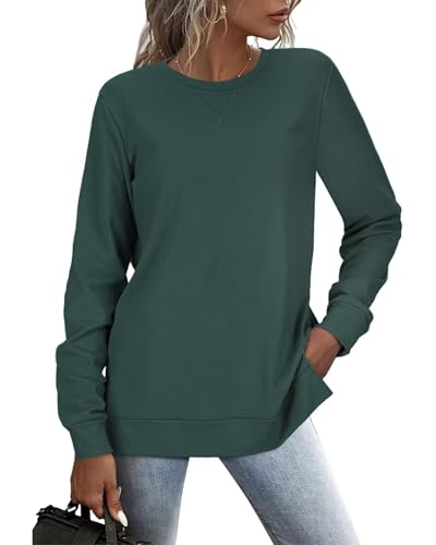 RIROW Damen Pullover Lässig Langarmshirt Elegant Herbst Winter Rundhals Sweatshirt Langarm Shirts Loose Slit Hem Oberteile Dunkelgrün XL von RIROW
