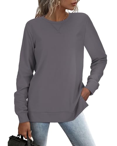 RIROW Damen Pullover Lässig Langarmshirt Elegant Herbst Winter Rundhals Sweatshirt Langarm Shirts Loose Slit Hem Oberteile Grau M von RIROW