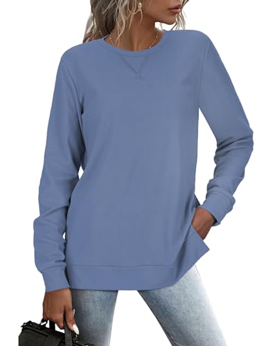 RIROW Damen Pullover Lässig Langarmshirt Elegant Herbst Winter Rundhals Sweatshirt Langarm Shirts Loose Slit Hem Oberteile Haze Blau S von RIROW