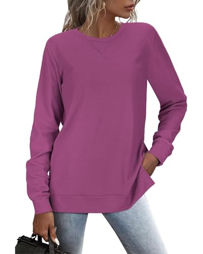 RIROW Damen Pullover Lässig Langarmshirt Elegant Herbst Winter Rundhals Sweatshirt Langarm Shirts Loose Slit Hem Oberteile Lila S von RIROW
