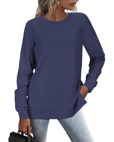 RIROW Damen Pullover Lässig Langarmshirt Elegant Herbst Winter Rundhals Sweatshirt Langarm Shirts Loose Slit Hem Oberteile Marineblau M von RIROW