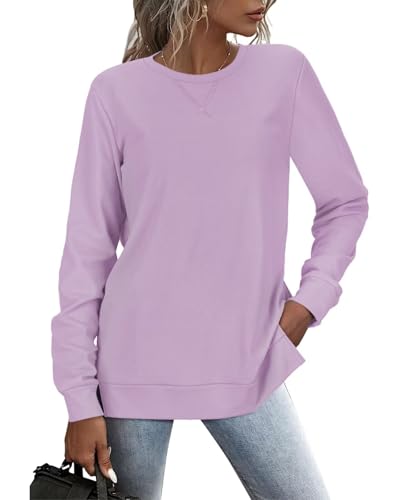 RIROW Damen Pullover Lässig Langarmshirt Elegant Herbst Winter Rundhals Sweatshirt Langarm Shirts Loose Slit Hem Oberteile Rosa Lila XXL von RIROW