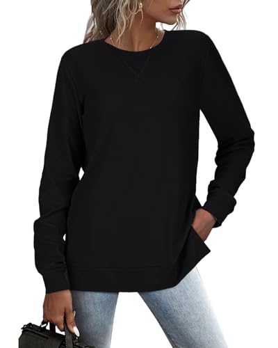 RIROW Damen Pullover Lässig Langarmshirt Elegant Herbst Winter Rundhals Sweatshirt Langarm Shirts Loose Slit Hem Oberteile Schwarz L von RIROW