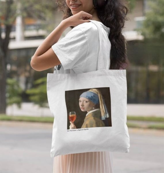 Jan Vermeer X Aperol Spritz Bag // Printed Fine Art Cocktail Tote Girl With A Pearl Earring Funny Mashup Fusion/Best Friend Gift von RISCStudios