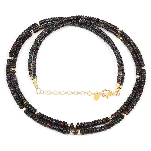 RISENSHINEJEWEL Natürliche schwarze äthiopische Opal-Doppelstrang-Halskette für Frauen, glatte Rondelle-Perlen, Schmuck für Sie, hergestellt aus 925er Silber – 50 cm von RISENSHINEJEWEL