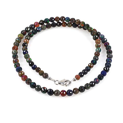 RISENSHINEJEWEL Natürliche schwarze äthiopische Opal facettierte runde Perlenkette für Frauen, handgefertigte Edelsteinperlen aus 925er Silberschmuck – 45 cm von RISENSHINEJEWEL