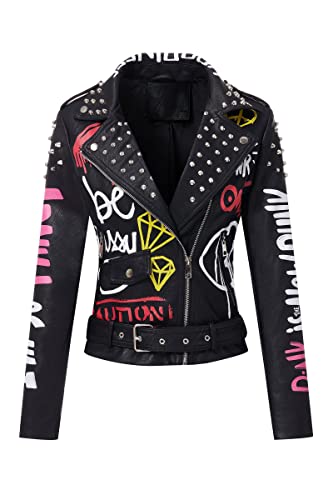 RISISSIDA Damen Kunstlederjacke Motorradfahrer Nieten Trendige Kleidung Frühling Herbst Mode Kurz Punk Streetwear Gürtel, 80 Schwarz, M von RISISSIDA