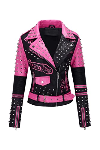 RISISSIDA Frauen Kunstleder Jacke Nieten Frühling Herbst Winter Mode, Moto Biker Trendy Kleidung Streetwear Gürtel, 076 Schwarz-Rosa, M von RISISSIDA