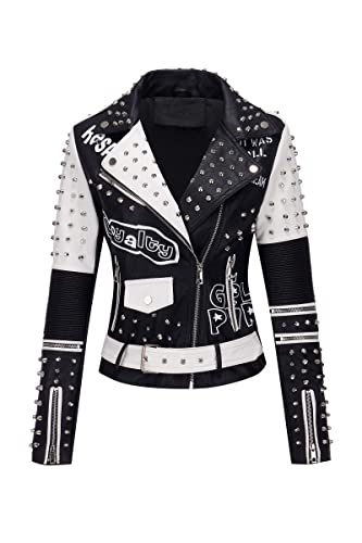 RISISSIDA Frauen Kunstleder Jacke Nieten Frühling Herbst Winter Mode, Moto Biker Trendy Kleidung Streetwear Gürtel, 76 Schwarz-weiß, L von RISISSIDA
