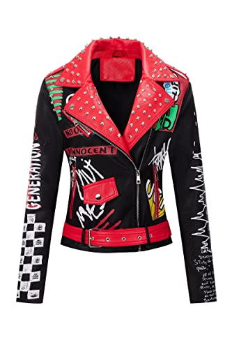 RISISSIDA Frauen Kunstleder Jacke Nieten Frühling Herbst Winter Mode, Moto Biker Trendy Kleidung Streetwear Gürtel, 79 Schwarz-rot, M von RISISSIDA