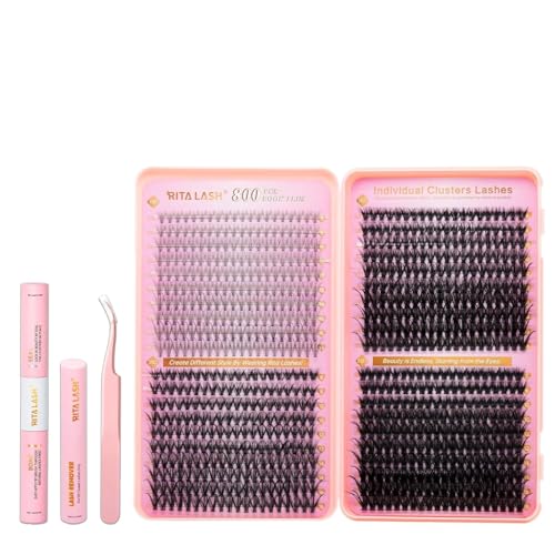 RITALASH DIY Wimpernverlängerungsset, 800 Stück Cluster-Wimpern-Set mit Kleber & Versiegelung, Entferner, Pinzette, D-Curl-Wimpern in 8–16 mm (10D+30D+50D+80D-Set) von RITALASH