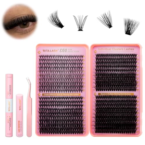 RITALASH DIY Wimpernverlängerungsset, 800 Stück Cluster-Wimpern-Set mit Kleber & Versiegelung, Entferner, Pinzette, D-Curl-Wimpern in 8–16 mm (20D+40D+60D+100D-Set) von RITALASH