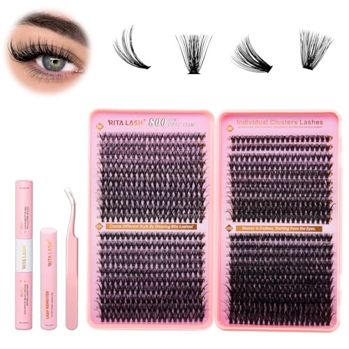 RITALASH DIY Wimpernverlängerungsset, 800 Stück Cluster-Wimpern-Set mit Kleber & Versiegelung, Entferner, Pinzette, D-Curl-Wimpern in 8–16 mm (30D+40D+50D+60D-Set) von RITALASH