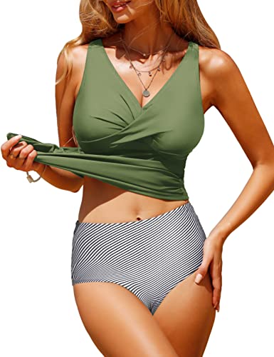 RITOSTA Bikini Badeanzug Damen Bauchweg Tankini Push Up Bikini Set High Waist Bademode Twist Front Zweiteiliger Badeanzüge V Ausschnitt Bikinis für Frauen Swimsuits(Grün,L) von RITOSTA