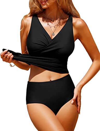 RITOSTA Bikini Badeanzug Damen Bauchweg Tankini Push Up Bikini Set High Waist Bademode Twist Front Zweiteiliger Badeanzüge V Ausschnitt Bikinis für Frauen Swimsuits(Schwarz,M) von RITOSTA