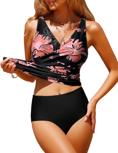 RITOSTA Bikini Badeanzug Damen Bauchweg Tankini Push Up Bikini Set High Waist Bademode Twist Front Zweiteiliger Badeanzüge V Ausschnitt Bikinis für Frauen Swimsuits (Blume schwarz,L) von RITOSTA