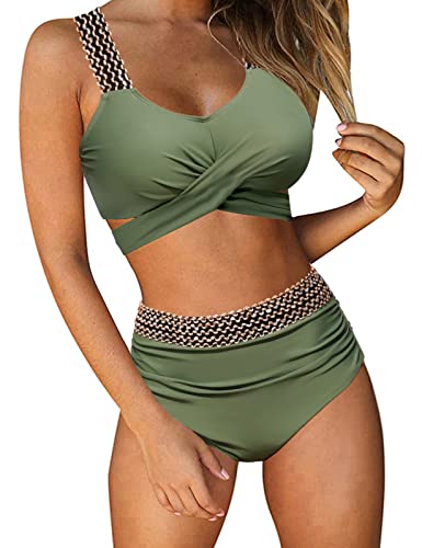 RITOSTA Bikini Damen Bauchweg Badeanzug Sexy Push Up Bikini Set High Waist Zweiteiliger Badeanzüge mit Kontrast Besatzt Bademode Tankini Crossover Bikinis für Frauen Swimsuits(Grün-B,M) von RITOSTA