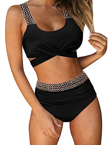 RITOSTA Bikini Damen Bauchweg Badeanzug Sexy Push Up Bikini Set High Waist Zweiteiliger Badeanzüge mit Kontrast Besatzt Bademode Tankini Crossover Bikinis für Frauen Swimsuits(Schwarz-B,S) von RITOSTA