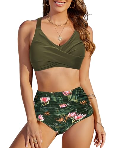 RITOSTA Bikini Damen Set Bauchweg Badeanzug Push Up Bikinis Oberteil Twist Front Badeanzüge High Waist Bikini-Sets Bademode Zweiteiliger Swimsuits(Grün,M) von RITOSTA