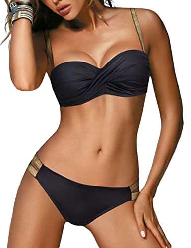 RITOSTA Damen Bikini Set Zweiteilige Badeanzug Bademode Push-up Bandeau Bikini Bottom Mit Goldenem Gürtel Klassischer Strandkleidung Verstellbarer Beachwear(Schwarz,L) von RITOSTA