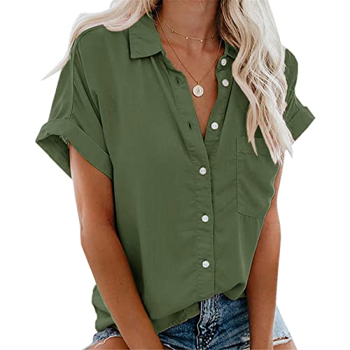 RITOSTA Damen Bluse Shirt Sommer Elegant V-Ausschnitt Hemden Kurzarm Casual Arbeit Oberteile mit Knöpfen Hemd Lose Einfarbig Tunika Tops für Frauen(Grün,M) von RITOSTA