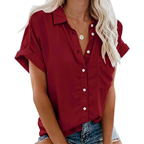 RITOSTA Damen Bluse Shirt Sommer Elegant V-Ausschnitt Hemden Kurzarm Casual Arbeit Oberteile mit Knöpfen Hemd Lose Einfarbig Tunika Tops für Frauen(Rot,S) von RITOSTA
