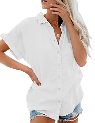 RITOSTA Damen Bluse Shirt Sommer Elegant V-Ausschnitt Hemden Kurzarm Casual Arbeit Oberteile mit Knöpfen Hemd Lose Einfarbig Tunika Tops für Frauen(Weiß,XL) von RITOSTA