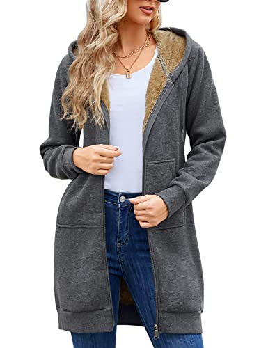 RITOSTA Damen Hoodie Fleecejacke Kapuzenjacke mit Zip Winterjacke Lang Sweatjacke Warme Plüschjacke Pullover Einfarbig Casual Mantel Winter Kapuzenpullover Mit Kapuze Reißverschluss von RITOSTA