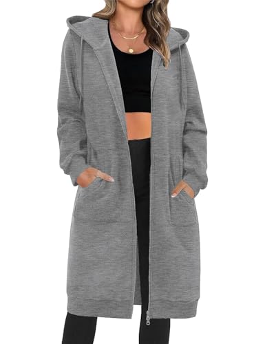 RITOSTA Damen Kapuzenjacke Lang Sweatjacke mit Kapuze Hoodie Jacke Herbst Winter Frühling Mantel Sweatshirts Langarm Kapuzenpullover Strickjacke mit Reißverschluss Taschen(Dunkelgrau,M) von RITOSTA