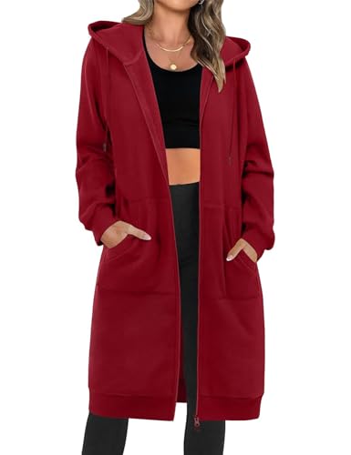 RITOSTA Damen Kapuzenjacke Lang Sweatjacke mit Kapuze Hoodie Jacke Herbst Winter Frühling Mantel Sweatshirts Langarm Kapuzenpullover Strickjacke mit Reißverschluss Taschen(Rot,M) von RITOSTA