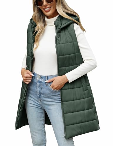 RITOSTA Damen Weste Lang mit Kapuze Steppweste Winter Herbst Warme Daunenweste Lange Winterjacke Ärmellose Casual Longweste Leichte Übergangsweste mit Reißverschluss(Grün,S) von RITOSTA