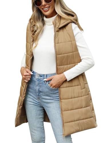 RITOSTA Damen Weste Lang mit Kapuze Steppweste Winter Herbst Warme Daunenweste Lange Winterjacke Ärmellose Casual Longweste Leichte Übergangsweste mit Reißverschluss(Kaki,L) von RITOSTA
