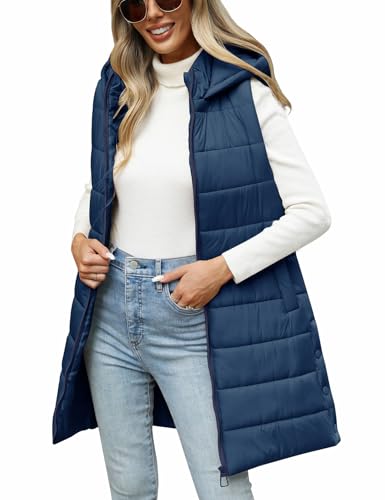 RITOSTA Damen Weste Lang mit Kapuze Steppweste Winter Herbst Warme Daunenweste Lange Winterjacke Ärmellose Casual Longweste Leichte Übergangsweste mit Reißverschluss(Marine,M) von RITOSTA